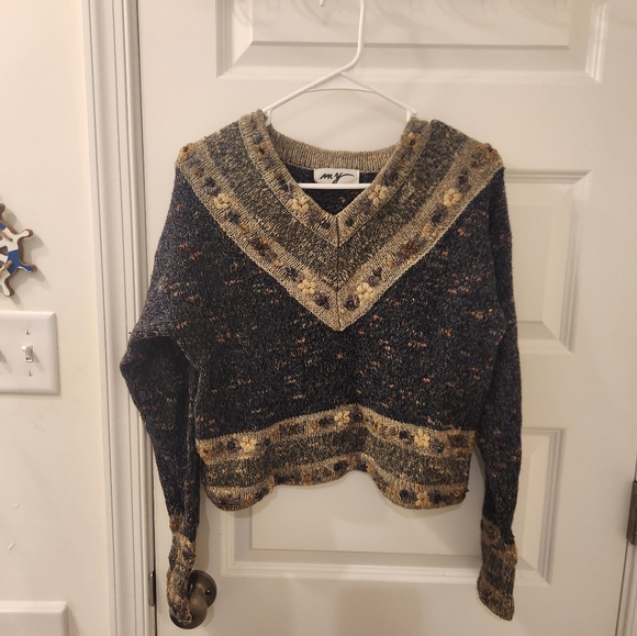 Funky 90s Vtg Crop Heavy Knit Multicolor V-Neck Sweater Size L #S478 - Picture 1 of 6